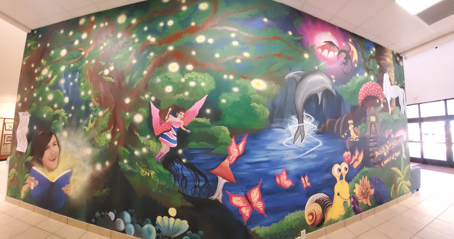 Mural is located inside Balch Springs Library. This was a community mural where kids of the community were invited to paint the mural alongside Houston artist and muralist, Amy Malkan.