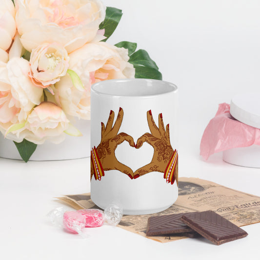 Mendhi Love Hands White glossy mug